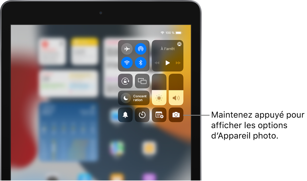 Commandes associées au mode Avion, aux données cellulaires, au Wi-Fi et au Bluetooth dans le groupe en haut à gauche du Centre de contrôle pour les modèles d’iPad Wi-Fi + Cellular. La commande « Appareil photo » se trouve en bas à droite.