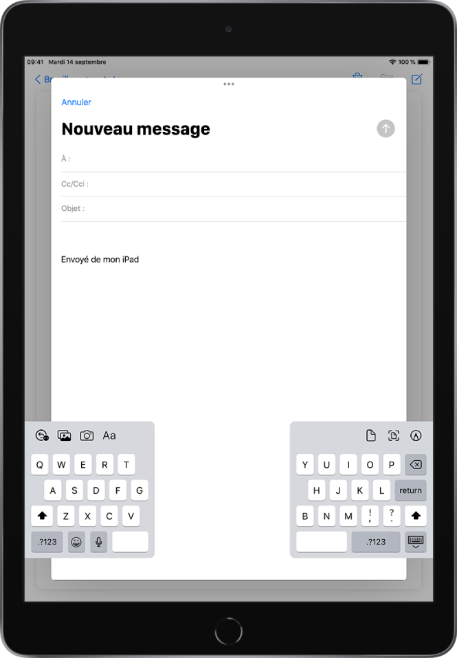 Un nouvel e-mail en cours de composition, avec le clavier dissocié et détaché du bas de l’écran de l’iPad.