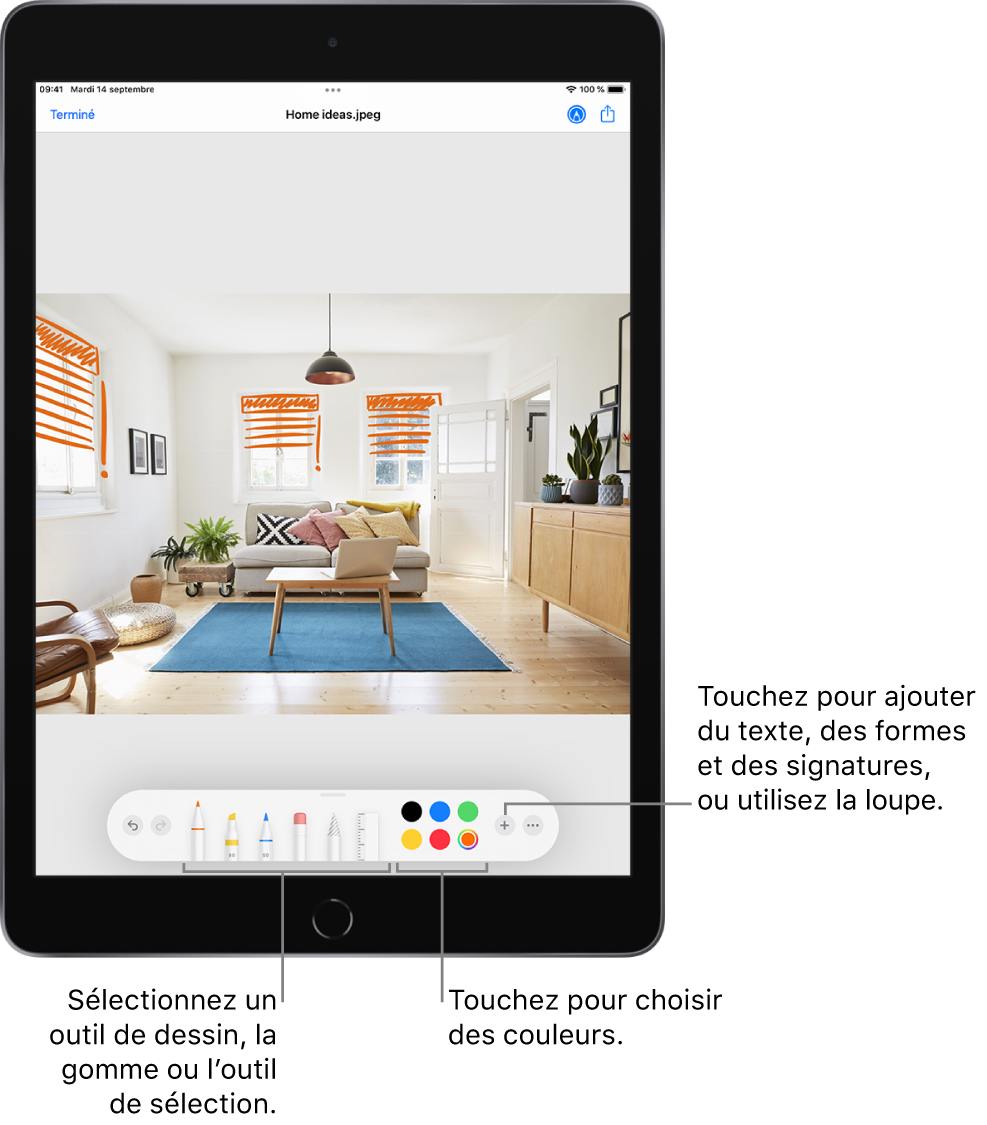 Une image dans une fenêtre d’annotation. Sous l’image, de gauche à droite, se trouvent les boutons permettant d’utiliser les outils d’annotation : des stylos pour dessiner, une gomme, un outil de sélection, des couleurs et des boutons permettant d’ajouter une zone de texte, votre signature et des formes, puis un autre pour sélectionner la loupe.