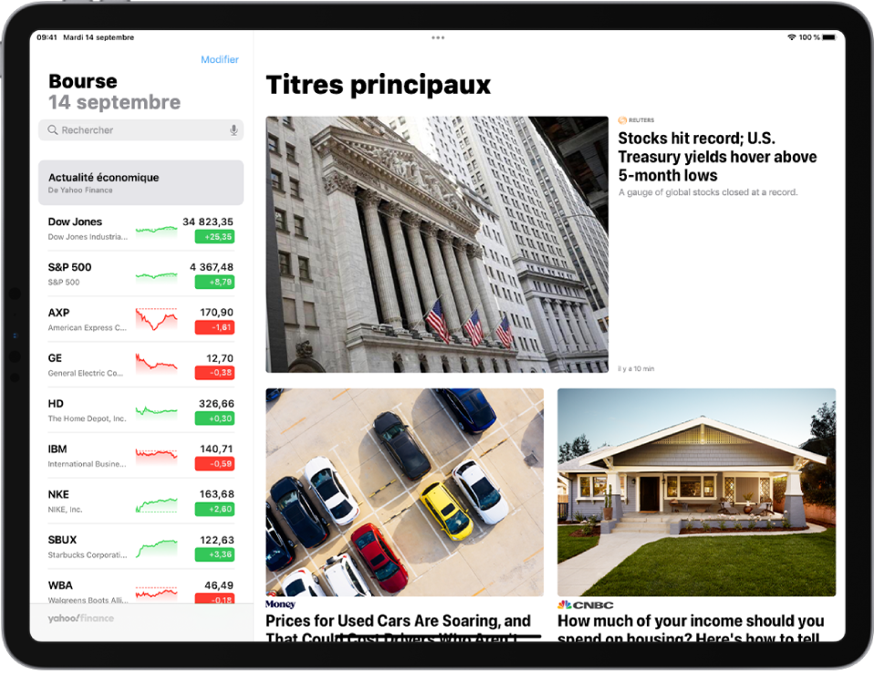 L’écran de Bourse en orientation paysage. Le champ de recherche se trouve dans le coin supérieur gauche. En dessous du champ de recherche figure la liste de suivi. Les principaux articles associés aux actions de la liste de suivi occupent le reste de l’écran.