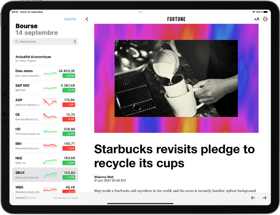 L’écran de Bourse en orientation paysage. Un article d’Apple News occupe le centre de l’écran. Le champ de recherche se trouve dans le coin supérieur gauche. En dessous du champ de recherche figure la liste de suivi. En haut à gauche de l’article se trouve le bouton Retour, qui permet de revenir à l’app Bourse. En haut à droite de l’article figurent les boutons « Taille du texte » et « Plus d’actions ». Les boutons Précédent et Suivant se trouvent dans le coin inférieur droit.