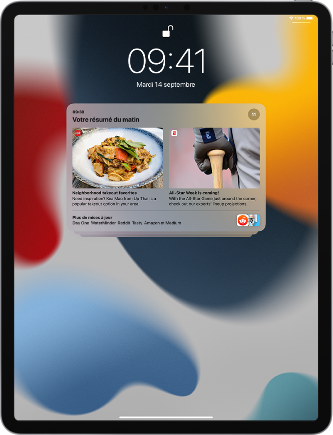 Un résumé des notifications reçues pendant qu’un résumé programmé était activé dans les réglages Notifications. Ces notifications ont été stockées dans le centre de notifications, jusqu’à l’heure de fin du résumé programmé.