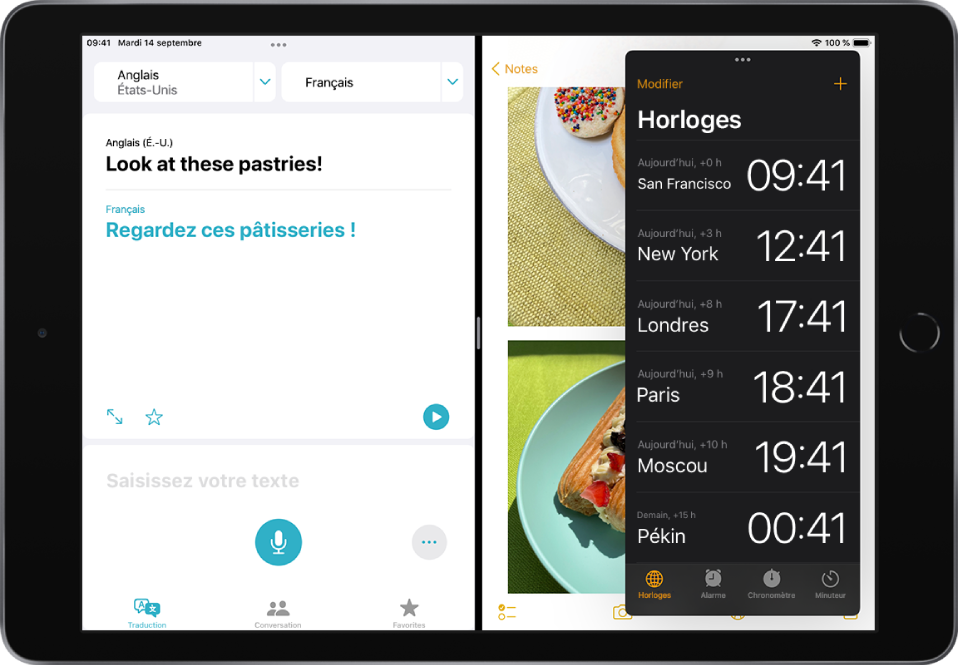 Une app graphique est ouverte sur le côté gauche de l’écran, Calendrier est ouvert sur la droite et Mail est ouvert dans une fenêtre Slide Over qui couvre partiellement Calendrier.