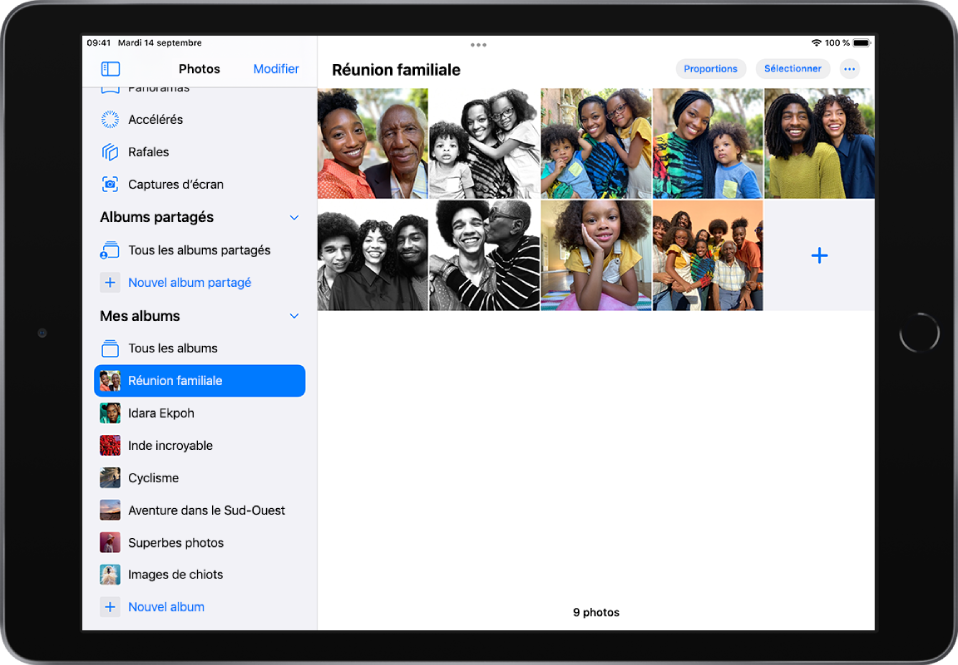 La barre latérale de Photos est ouverte sur le côté gauche de l’écran. Sous l’en-tête « Mes albums », l’album intitulé « Family Reunion » est sélectionné. Le reste de l’écran de l’iPad est rempli de photos et de vidéos de l’album « Réunion de famille » affichées dans une grille.