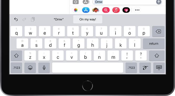 Un message avec le texte de raccourci « bjr » saisi dans le champ de texte et la suggestion de texte de remplacement « bonjour » en dessous.