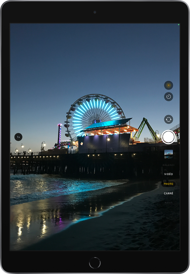 Une image sur l’écran « Appareil photo » prise avec l’iPad Pro. Le bouton de l’obturateur se trouve sur la droite, avec les boutons pour changer de caméra et pour choisir un mode de photo.