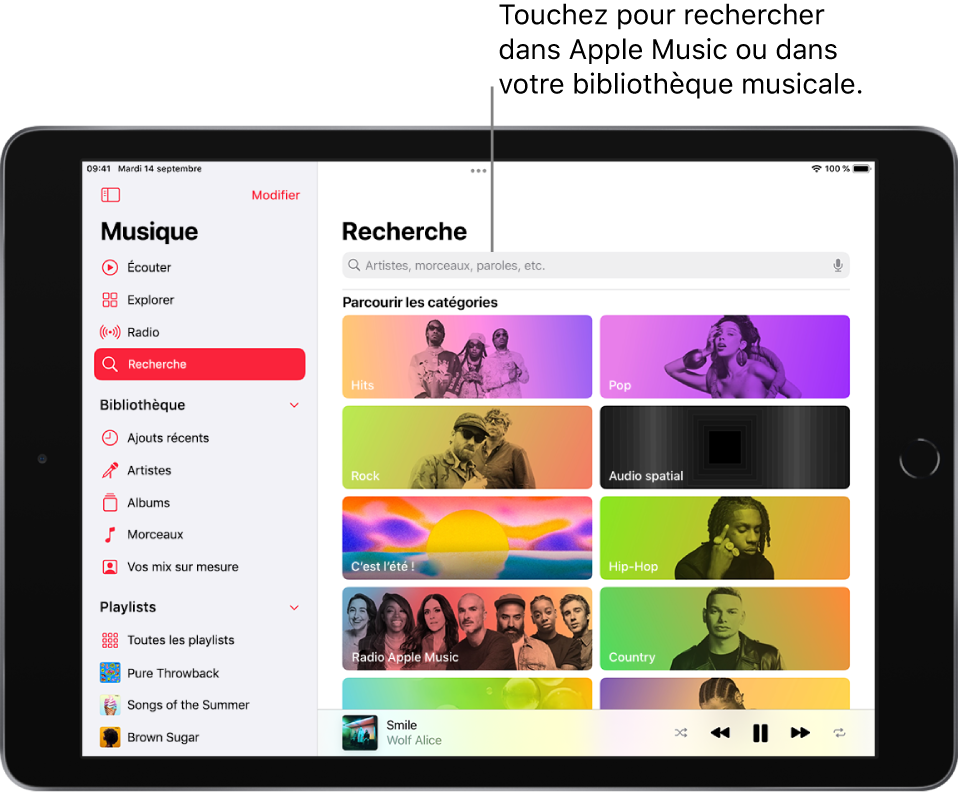 L’écran Rechercher affichant la barre latérale à gauche et un champ de recherche en haut à droite. La section « Parcourir les catégories » en dessous affiche plusieurs catégories.