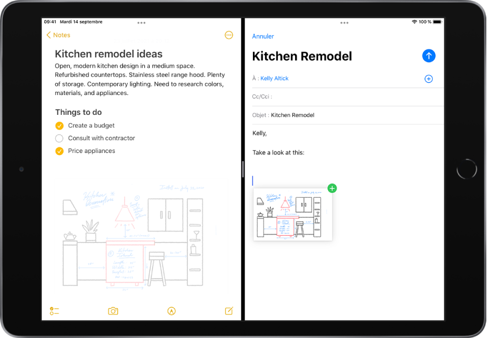 La fonctionnalité Split View avec l’app Notes ouverte sur la gauche et un e-mail ouvert sur la droite. Une photo est déplacée depuis Notes vers l’e-mail.