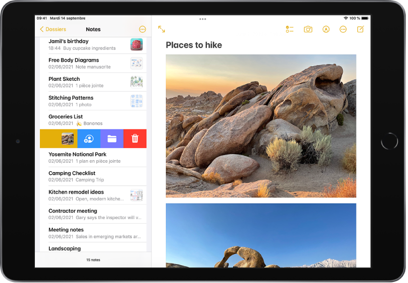 L’iPad en orientation paysage et affiche l’app Notes. La liste des notes apparaît sur la gauche et la note sélectionnée est ouverte sur la droite. Dans la liste des notes, un utilisateur a balayé la note vers la gauche, ce qui affiche des options permettant de partager la note, de l’ajouter à un dossier et de la supprimer.