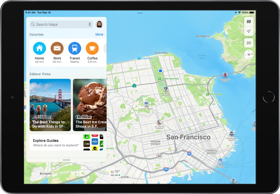 Peta Wilayah Teluk San Francisco, dengan empat favorit ditampilkan di bawah bidang pencarian. Favoritnya adalah Rumah, Kantor, Transit, dan Kopi.