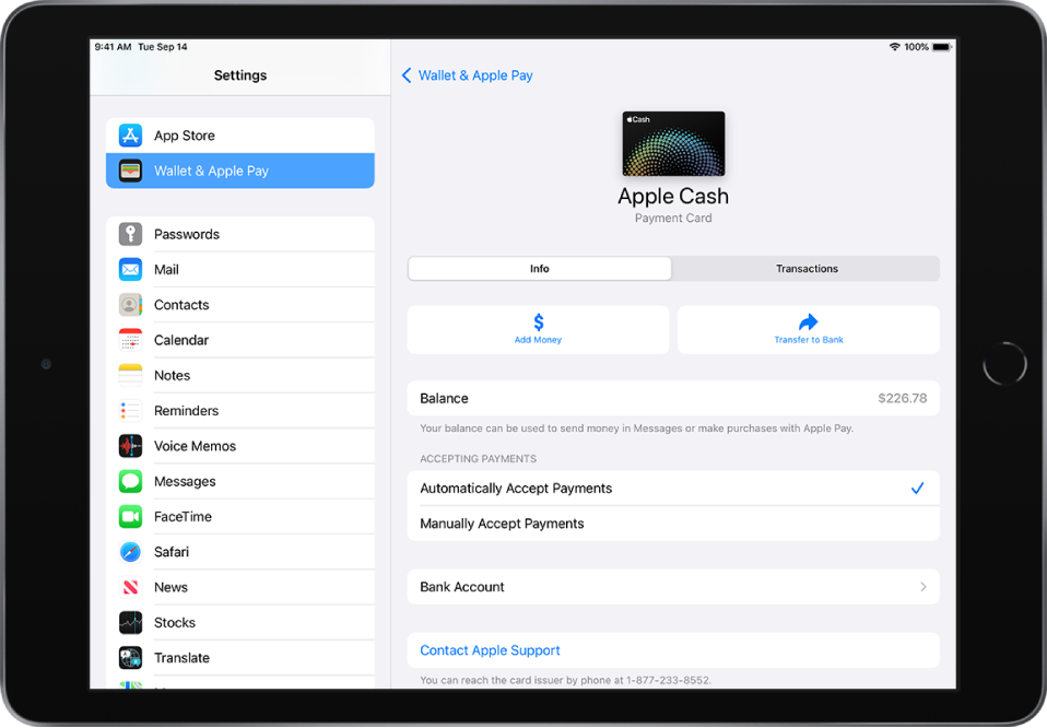 Detail layar kartu Apple Cash, menampilkan saldo di bagian kanan atas.