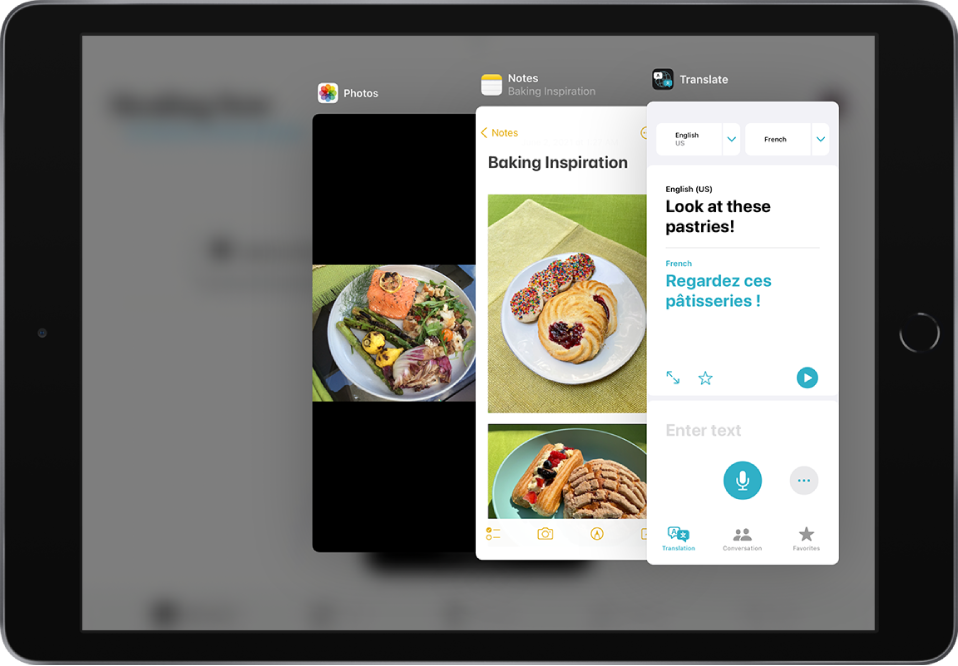 Tiga app dibuka di jendela Slide Over.