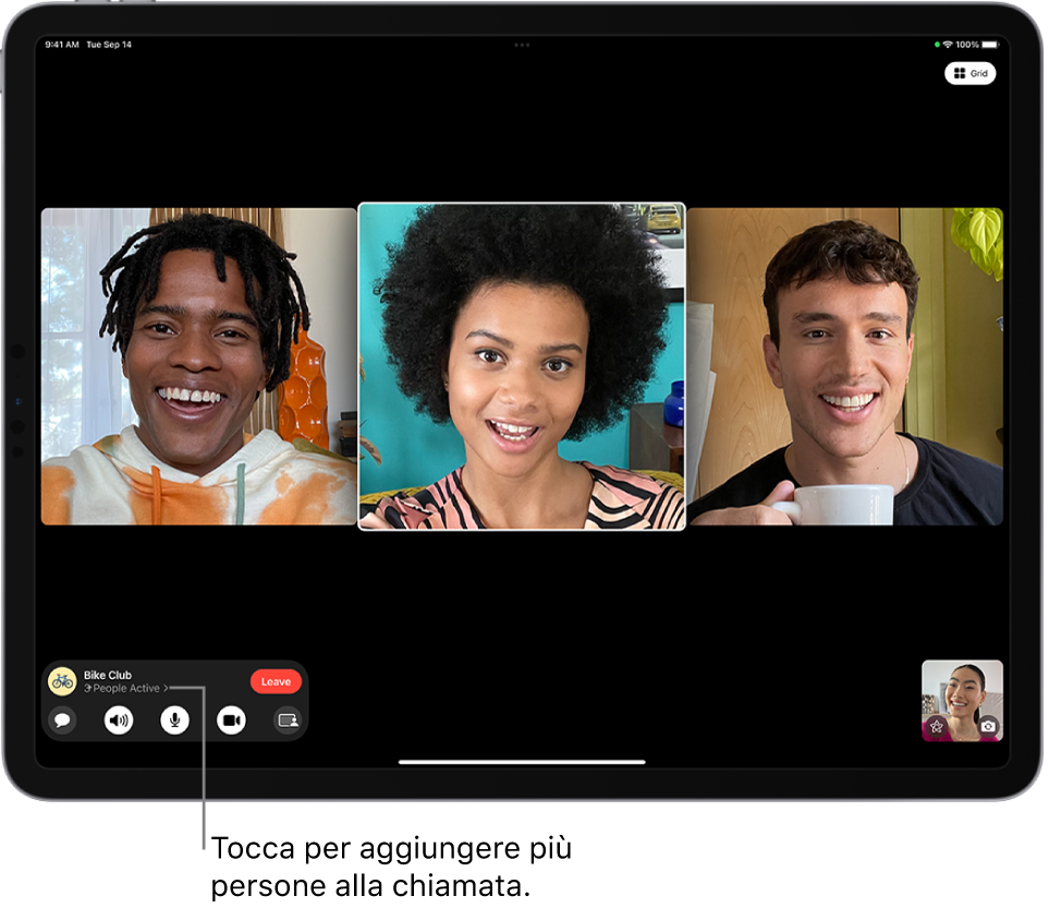 Chiamata FaceTime di gruppo con quattro partecipanti, inclusa la persona che ha avviato la chiamata. Ciascun partecipante viene visualizzato in un riquadro separato sullo schermo.