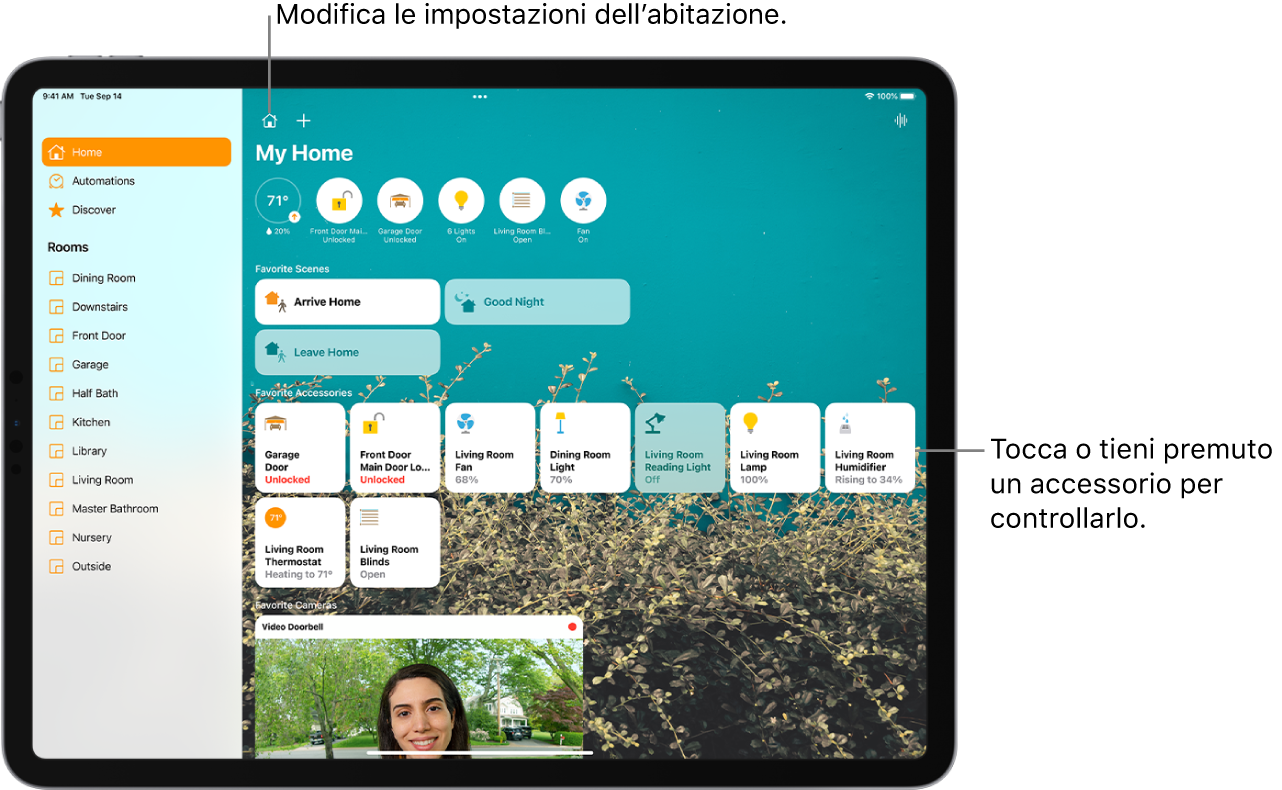 L'app Home con la barra laterale a sinistra mostrante i pannelli Casa, Automazione e Scopri in alto a sinistra. Le stanze sono visualizzate più in basso. Sulla destra della barra laterale, in alto, sono presenti i pulsanti “Impostazioni abitazione” e Aggiungi. In alto a destra è visibile il pulsante Interfono. Nella parte alta dello schermo si trovano sei pulsanti di stato: termostato, serratura, porta del garage, luci, tapparelle e ventilatore. Sotto sono mostrati gli scenari e gli accessori selezionati come preferiti. In basso è presente un'immagine registrata tramite un videocitofono.