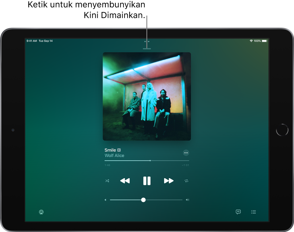Skrin Kini Dimainkan menunjukkan seni album. Di bawah ialah tajuk lagu, nama artis, butang Lagi, penunjuk main, kawalan main, gelangsar kelantangan, butang Lirik, butang Destinasi Main Balik dan butang Baris Gilir. Butang Sembunyikan Kini Dimainkan berada di atas.