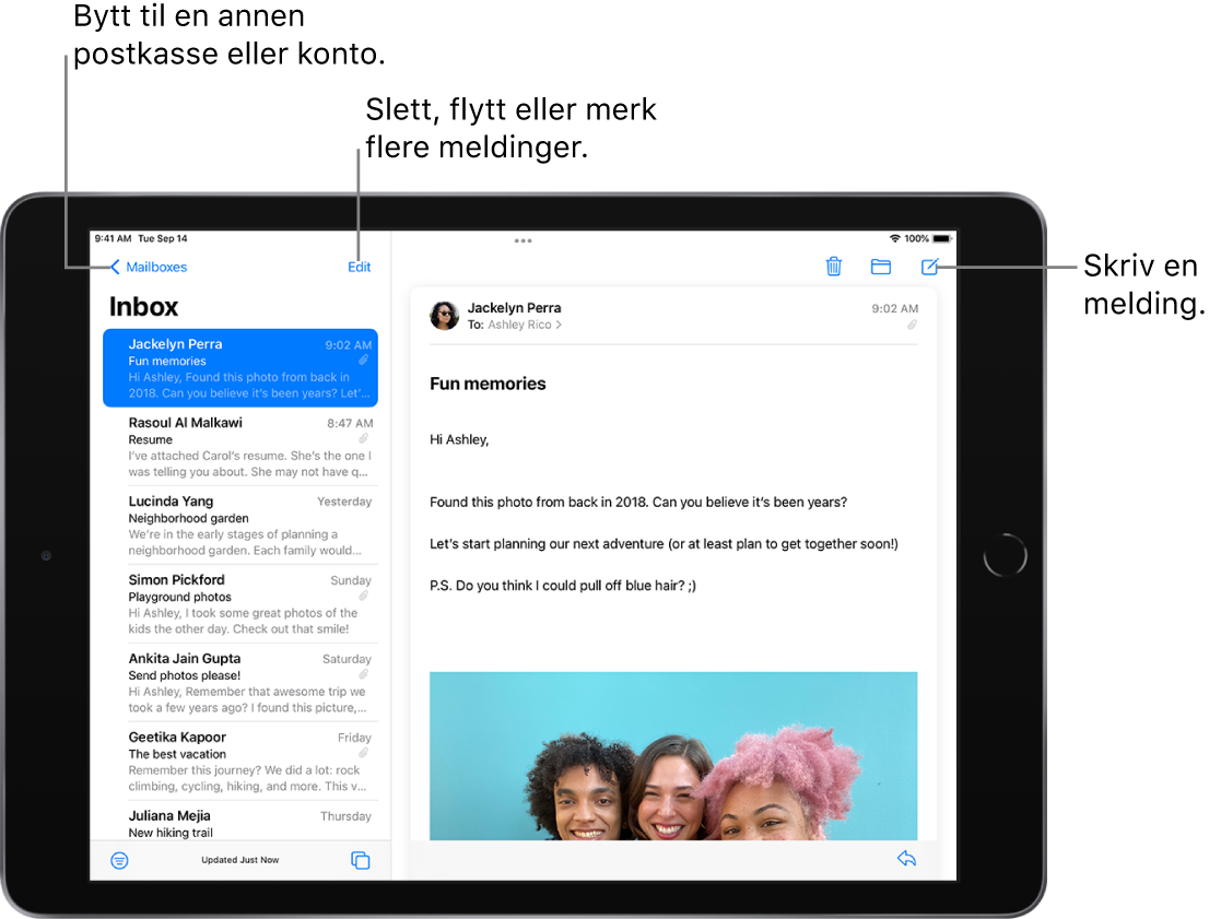 Innboksen i Mail, med listen over e-poster til venstre og en åpen e-posttråd til høyre. Postkasser-knappen for å bytte til en annen postkasse er øverst til venstre. Knappen for å filtrere e-poster slik at kun bestemte typer e-poster vises, er nederst til venstre. Knappen for å skrive en ny e-post er øverst til høyre.