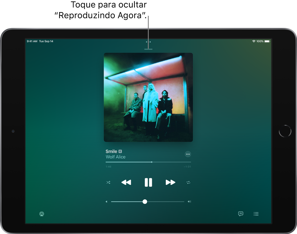 A tela Reproduzindo mostrando a capa do álbum. Abaixo encontram-se o título da música, o nome do artista, o botão Mais, o cursor de reprodução, os controles de reprodução, o controle de volume, o botão Letra, o botão Destino da Reprodução e o botão Fila. O botão Ocultar Reproduzindo encontra-se na parte superior.