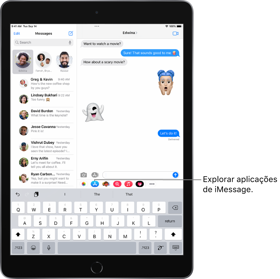 Uma janela de Mensagens com o botão “Navegador de aplicações” selecionado. A gaveta de aplicações aberta mostra stickers com smileys.