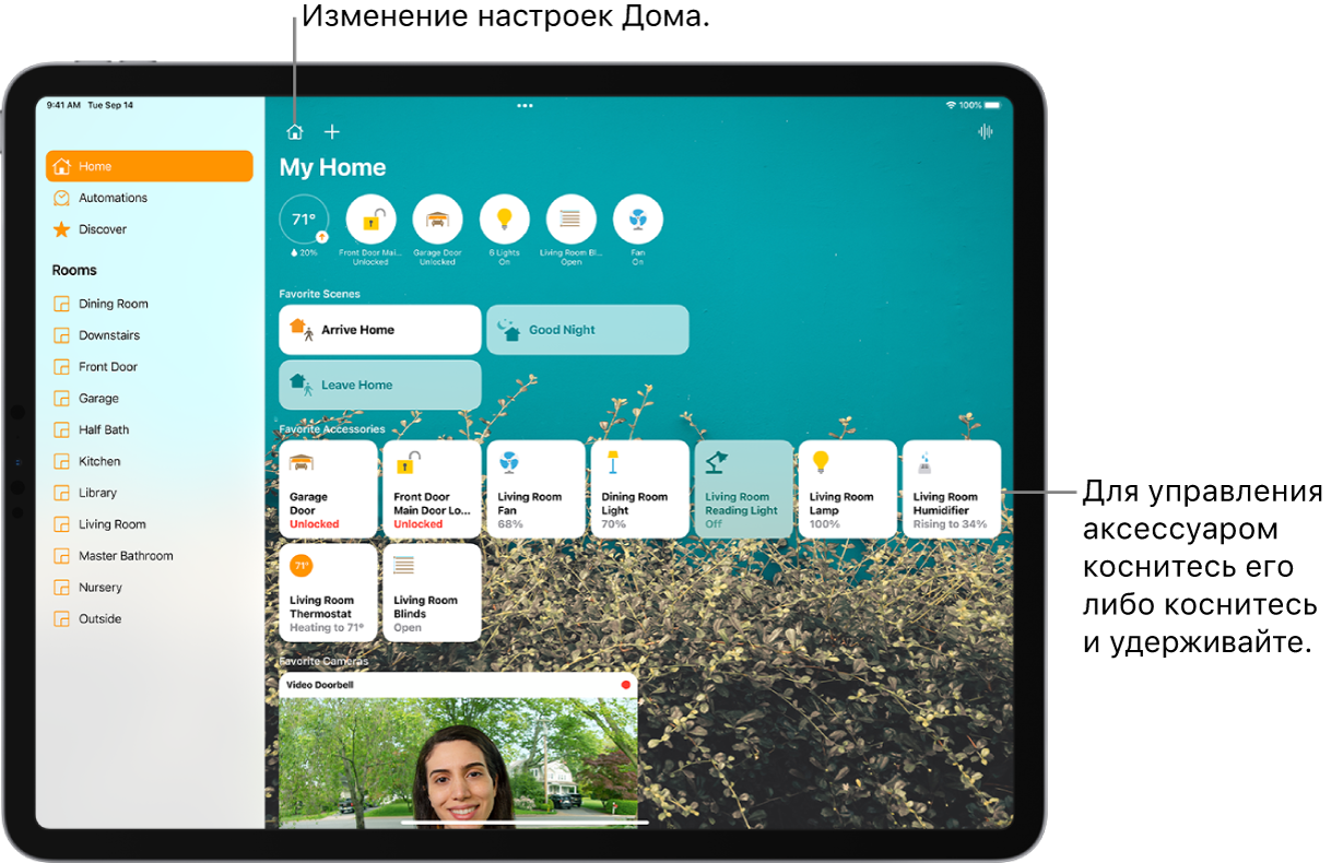Приложение «Дом» и боковое меню слева. Вкладки «Дом», «Автоматизация» и «Обзор»» расположены слева сверху. Комнаты в доме показаны ниже. Вверху справа от бокового меню находятся кнопка «Настройки дома» и кнопка добавления. Кнопка интеркома находится сверху справа. В верхней части экрана отображаются шесть кнопок состояния: термостат, замок, дверь гаража, осветительные приборы, шторы и вентилятор. Ниже расположены избранные сценарии и аксессуары. В нижней части экрана показано изображение с видеодомофона.