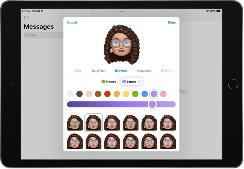 Экран создания Memoji в приложении «Сообщения». На этом экране можно выбрать очки.