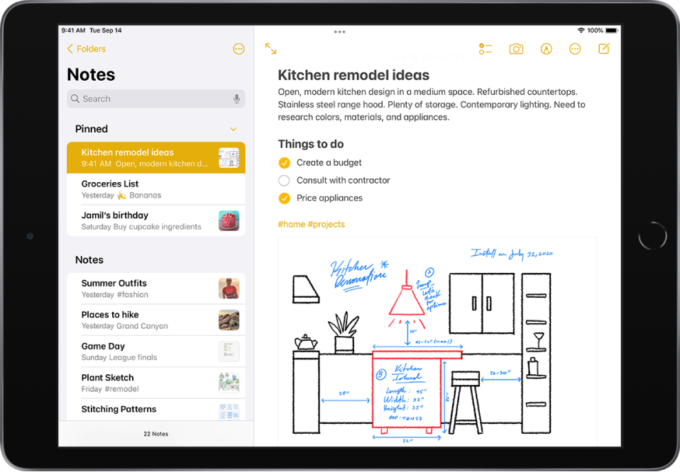 Приложение «Заметки» на экране iPad в горизонтальной ориентации. Слева отображается список заметок, справа показана выбранная заметка. В левом верхнем углу списка заметок есть стрелка «Назад», коснувшись которой, Вы вернетесь к списку папок и учетных записей. В правом верхнем углу заметки находятся кнопки для совместной работы над заметкой с другими пользователями, удаления заметки, создания новой заметки, а также кнопка, позволяющая поделиться заметкой с другими пользователями. В правом нижнем углу заметки находятся кнопки добавления списка, добавления фотографии или отсканированного документа, а также кнопка отображения инструментов рукописного ввода.