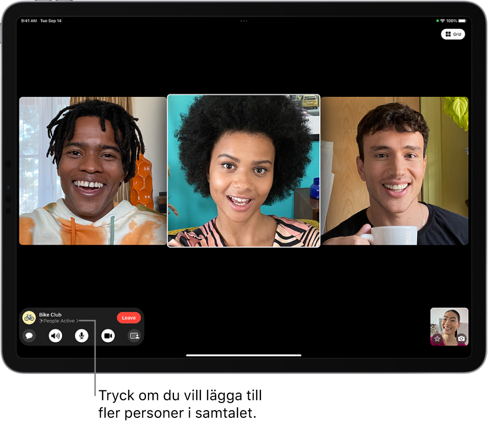 Ett FaceTime-gruppsamtal med fyra deltagare, inklusive initiativtagaren. Varje deltagare visas i ett separat fält.