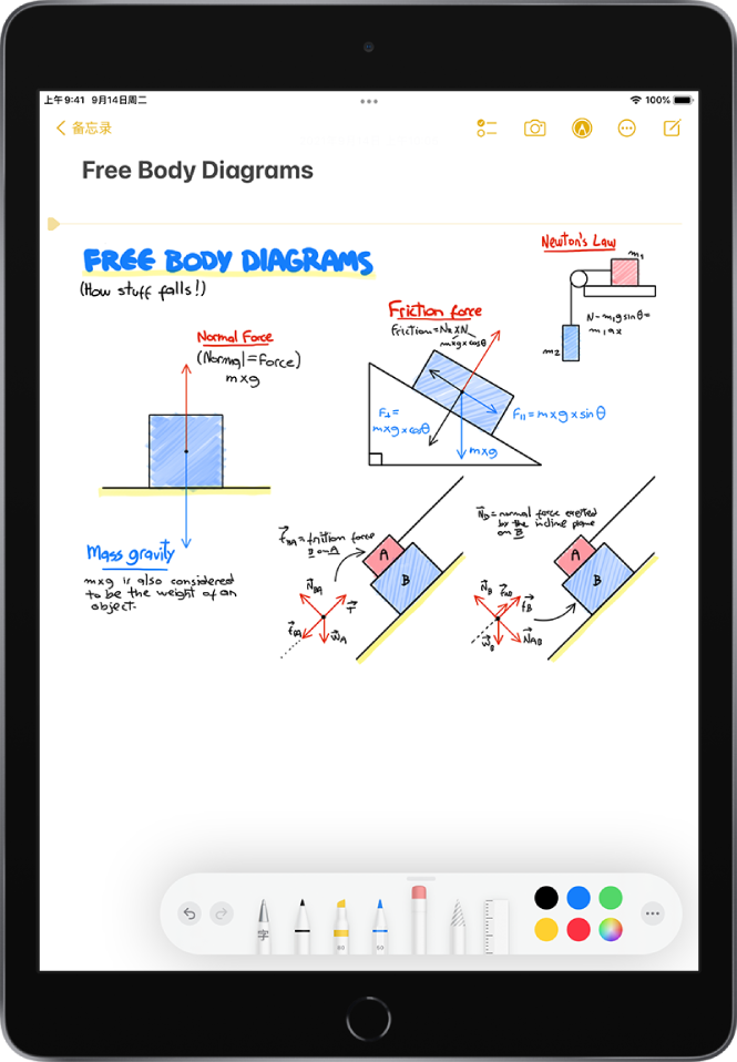 “备忘录” App 中的手绘力图显示有公式和备注。“标记”工具栏出现在屏幕底部,显示绘图工具和颜色选项。