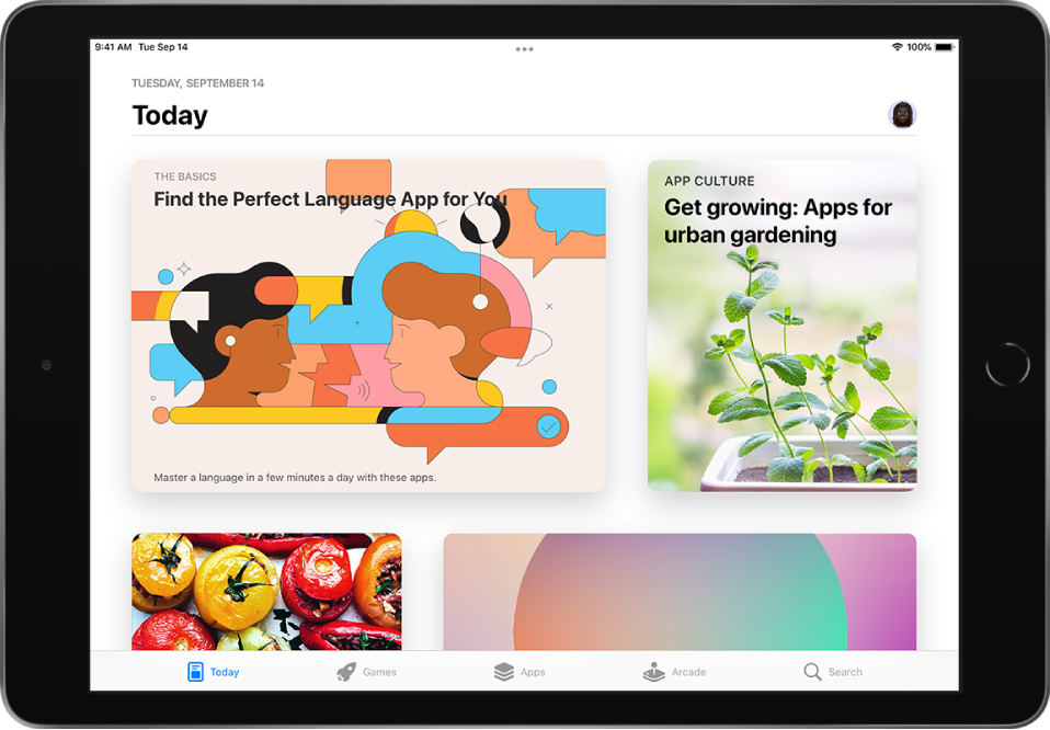 App Store 中的「今天」畫面,顯示精選報導和 App。您的個人檔案圖片位於右上方。沿著螢幕底部從左到右依序是:Today、「遊戲」、App、Arcade 和「搜尋」標籤頁。