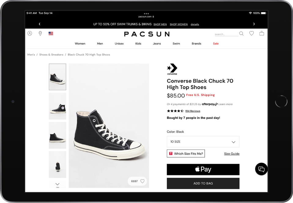 右下角帶有 Apple Pay 按鈕的產品網頁。