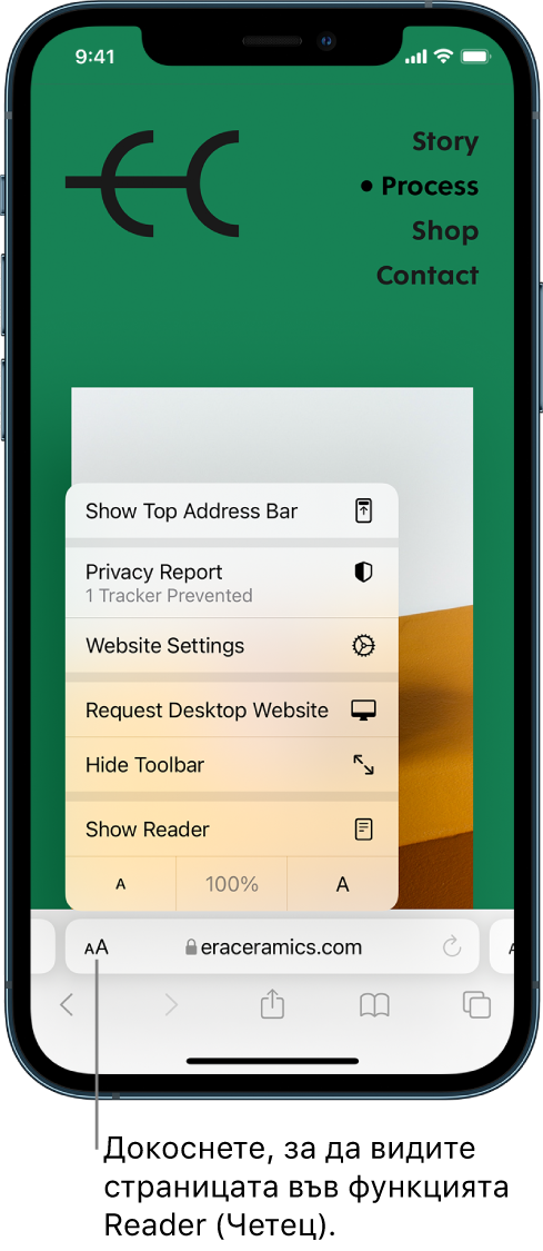 Меню Page Settings (Настройки на страница). Опциятя в долния край е Show Reader (Покажи четец).