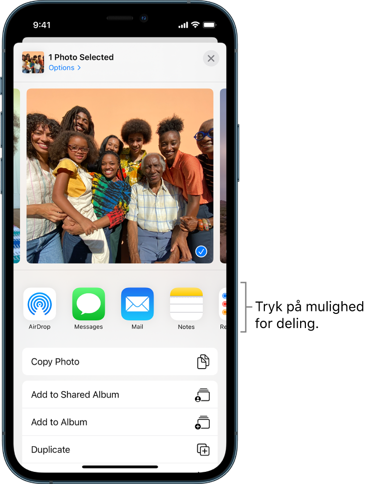 Skærmen Deling med fotos øverst, hvoraf to er valgt. Det vises af et hvidt hak i en blå cirkel. Under de viste fotos er der en række venner, du kan dele med via AirDrop. Derunder er der andre delingsmuligheder, herunder Beskeder, Mail, Fælles album og Føj til noter. I nederste række vises knapperne Kopier, Kopier iCloud-link, Lysbilleder, AirPlay og Føj til album