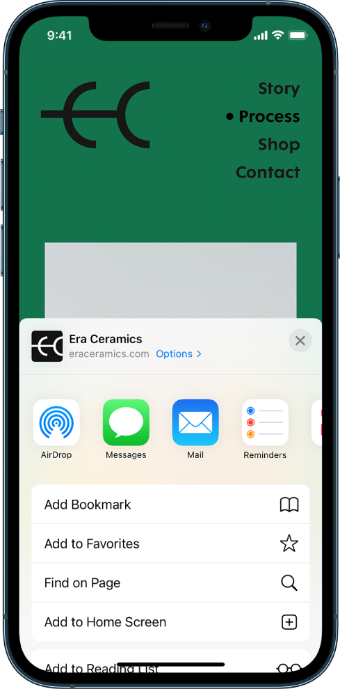 The Share menu. Across the top are apps that can be used to share links. Below is a list of other options, including Add Bookmark, Add to Favorites, Find on Page, Add to Home Screen, and Add to Reading List.