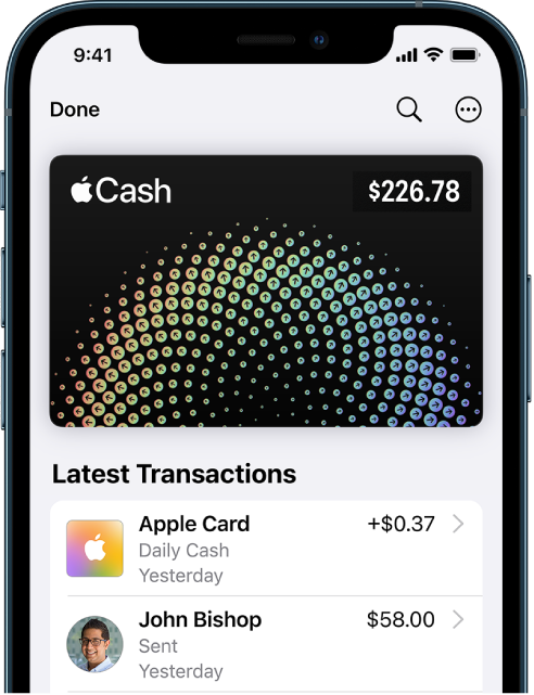The Apple Cash card in Wallet, showing the More button at the top right and the latest transactions below the card.