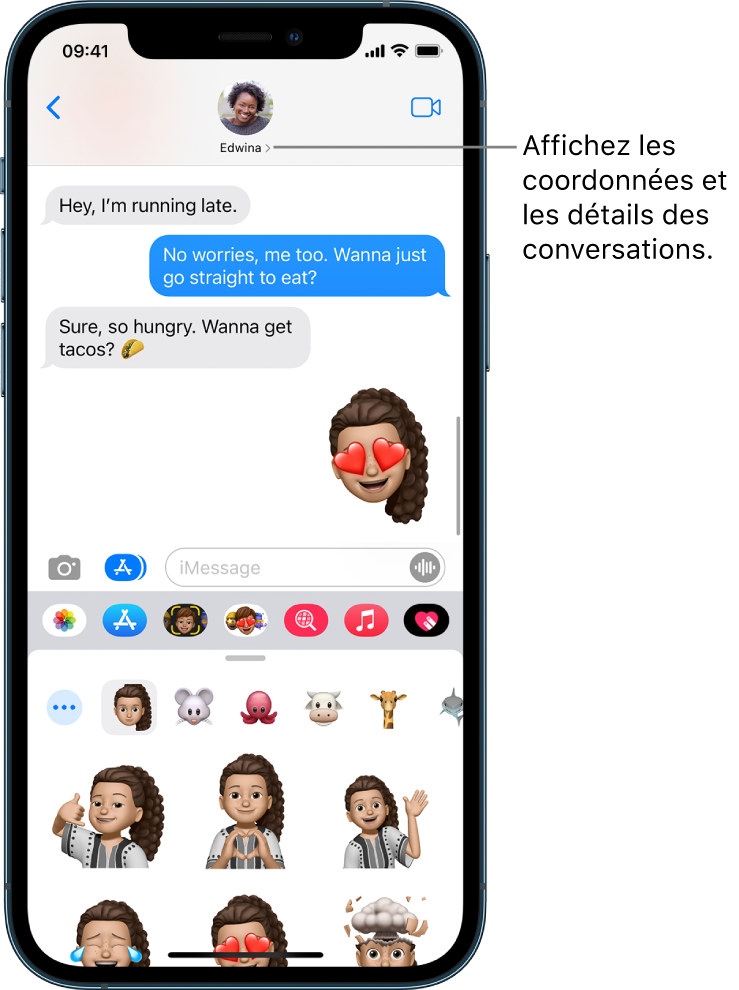 Exemple de conversation dans Messages. En haut de l’écran, de gauche à droite, sont affichés le bouton Retour et la photo de la personne à laquelle vous écrivez. Au centre, se trouvent les messages envoyés et reçus au cours de la conversation. En bas de l’écran, de gauche à droite, se trouvent les boutons Photos, Stores, Apple Pay, Memoji, Digital Touch, #images et Musique.