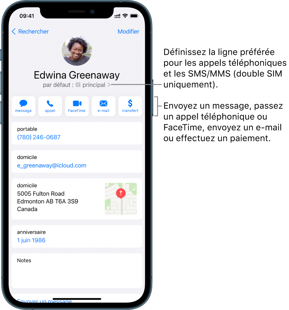 L’écran Infos pour un contact. Le nom et la photo du contact se trouvent en haut. En dessous se trouvent les boutons pour envoyer un message, passer un appel, passer un appel FaceTime, envoyer un message par e-mail et envoyer de l’argent via Apple Pay. Sous les boutons se trouvent les coordonnées du contact.