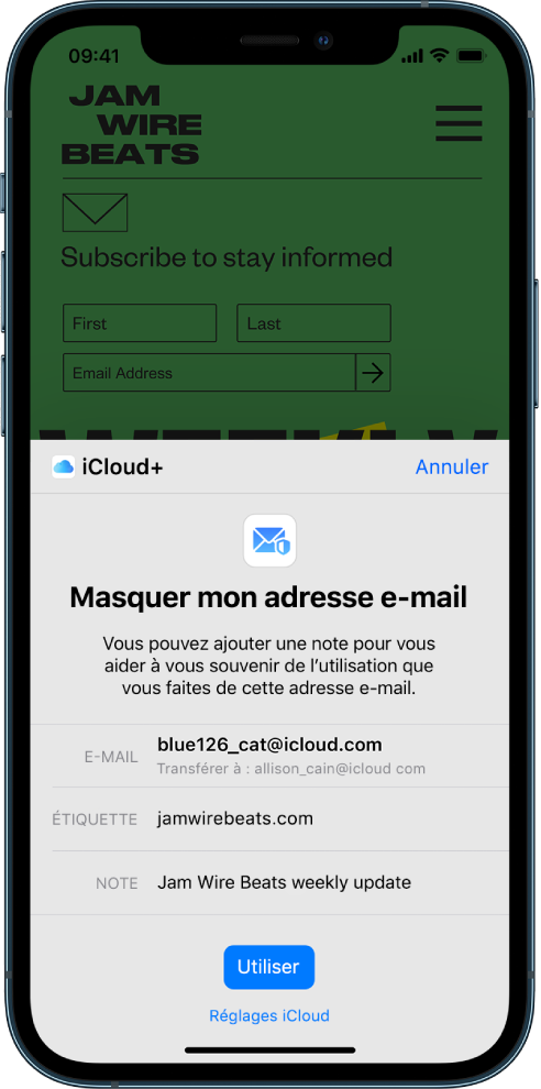 L’option « Masquer mon adresse e-mail » pour iCloud+ occupe la moitié inférieure de l’écran. Elle répertorie les adresses e-mail générées aléatoirement, l’adresse à laquelle les e-mails sont transmis, une étiquette ainsi qu’une note. En bas de l’écran se trouve le bouton Utiliser et un lien vers les réglages iCloud.