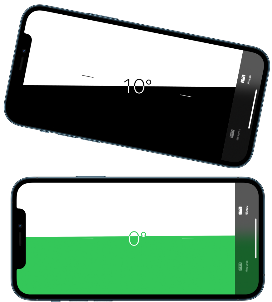 L’écran du niveau à bulle. En haut, l’iPhone est orienté à un angle de dix degrés ; en bas, l’iPhone est à plat.