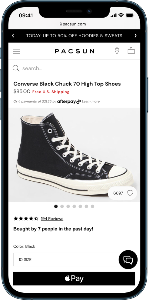 La page web d’un produit avec le bouton Apple Pay en bas à droite.