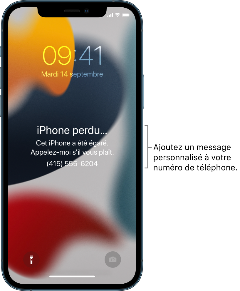 Écran verrouillé d’un iPhone avec le message suivant : « iPhone perdu. Cet iPhone a été égaré. Appelez-moi s’il vous plaît. 06 09 00 11 20. » Vous pouvez ajouter un message personnalisé avec votre numéro de téléphone.