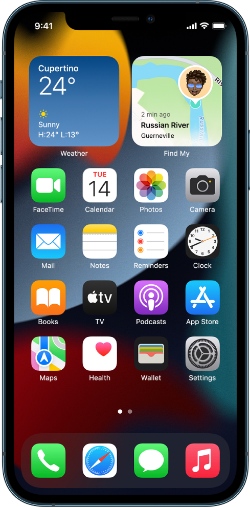 Az iPhone Főképernyője, amikor a Sötét mód be van kapcsolva.