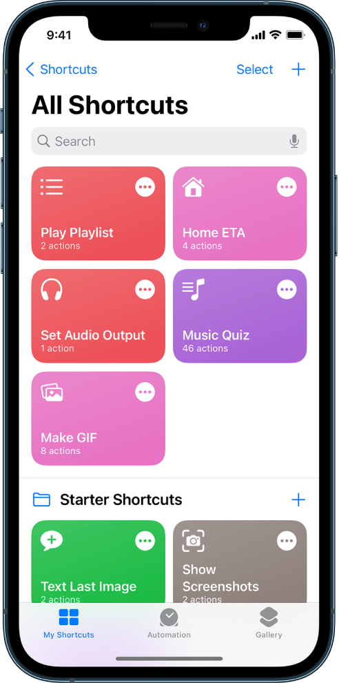 Skirtukas „My Shortcuts“. Nuorodų, skirtų atlikti įprastas kasdienes užduotis, pvz., nustatyti arbatos laikmatį ir rasti sušių restoraną, sąrašas. Apačioje pateikiami skirtukai „Automation“ ir „Gallery“.