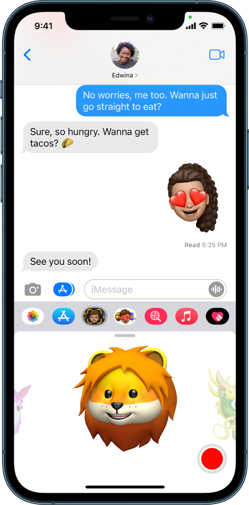 „Messages“ pokalbis su pasirinktu „Memoji“, kuris parengtas įrašyti prieš siunčiant.