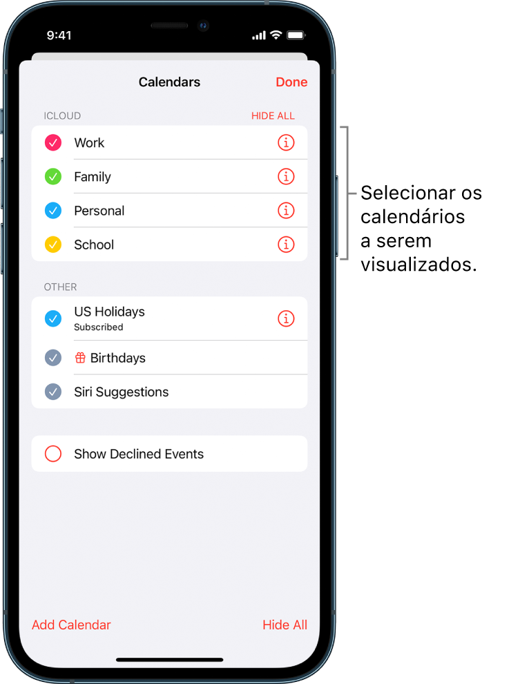 A lista de calendários com tiques que indicam quais calendários estão ativos. O botão OK, para fechar a lista, está no canto superior direito.
