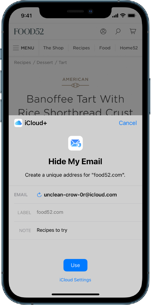 iPhone’da Safari’de E-postamı Gizle ekranı.