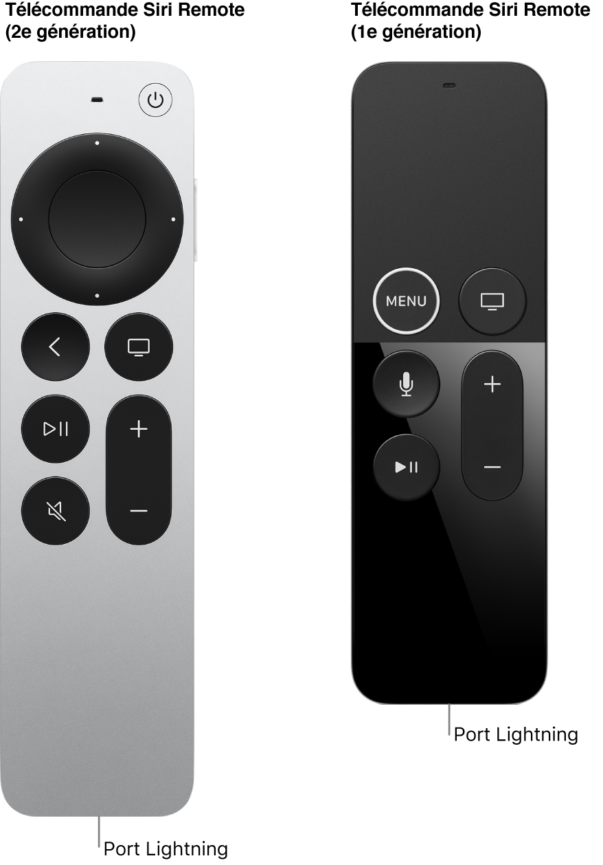 Image de la télécommande Siri Remote (2e génération) et de la télécommande Siri Remote (1re génération) montrant le port Lightning