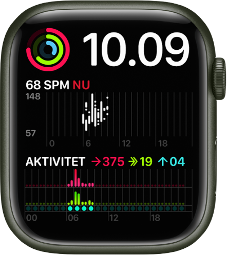 Urskiven Modulær duo, der viser et digitalt ur øverst til højre, en Aktivitet-komplikation øverst til venstre, en Puls-komplikation i midten til venstre og en Aktivitet-komplikation nederst.