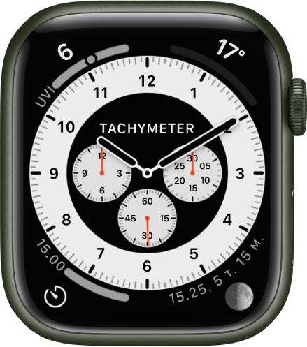 Variationen Tachymeter af urskiven Chronograph Pro. Den viser fire komplikationer: UV-indeks øverst til venstre, Temperatur øverst til højre, Tidtagninger nederst til venstre og Måne nederst til højre.