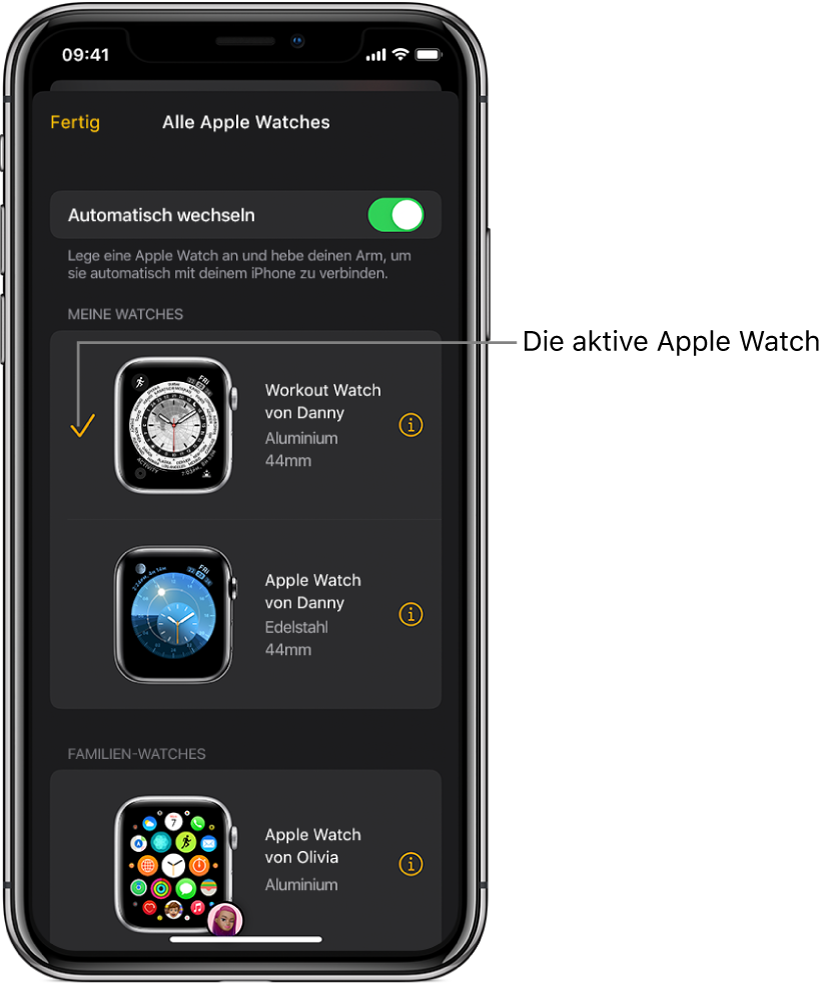 In der Anzeige „Alle Apple Watches“ der Apple Watch-App zeigt ein Häkchen die aktive Apple Watch.