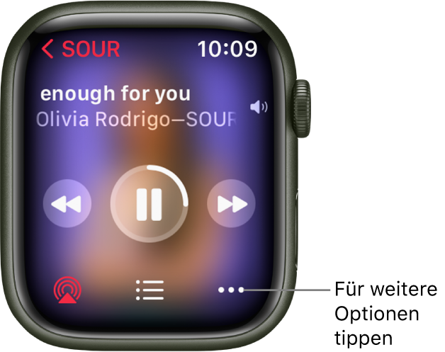 Die Anzeige „Jetzt läuft“ in der App „Musik“. Der Albumname befindet sich oben links. Der Songtitel und der Künstlername befinden sich oben, die Bedienelemente für die Wiedergabe in der Mitte und die Tasten „AirPlay“, „Titelliste“ und „Optionen“ befinden sich unten.