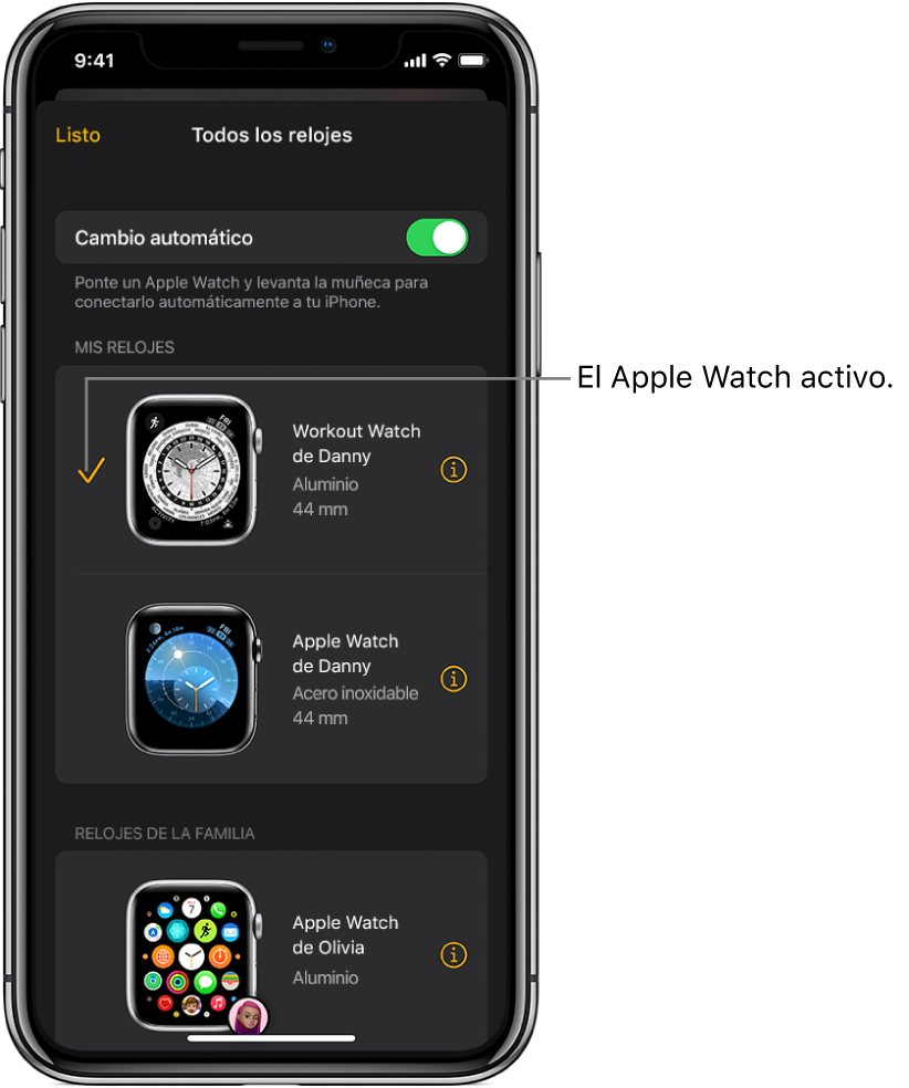 En la pantalla “Todos los relojes” en la app Apple Watch se muestra el Apple Watch activo con una casilla seleccionada.